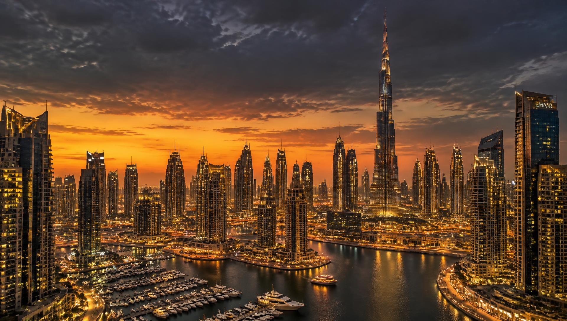 Dubai skyline at dusk with Burj Khalifa